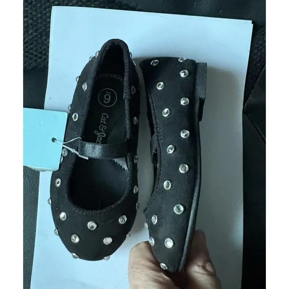 Cat & Jack Girls Black Studded Mary Jane Flats Memory Foam Flexible Size 6